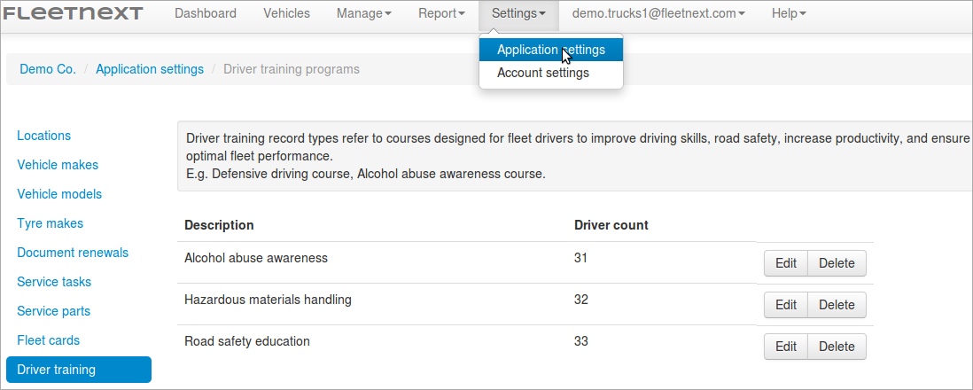 Settings->Application settings->Driver Training