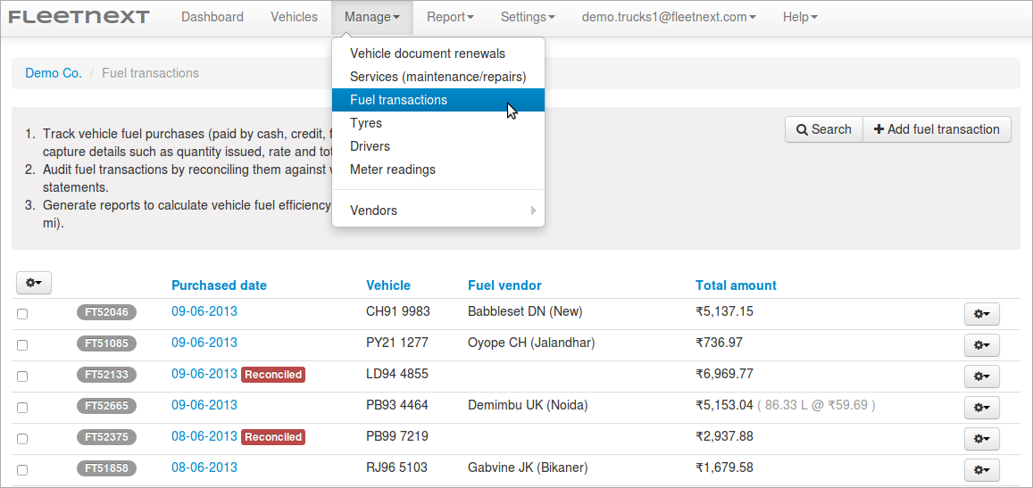 Selecting Fuel transactions