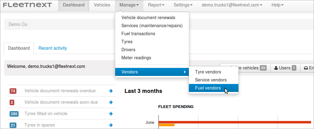 Manage fuel vendors