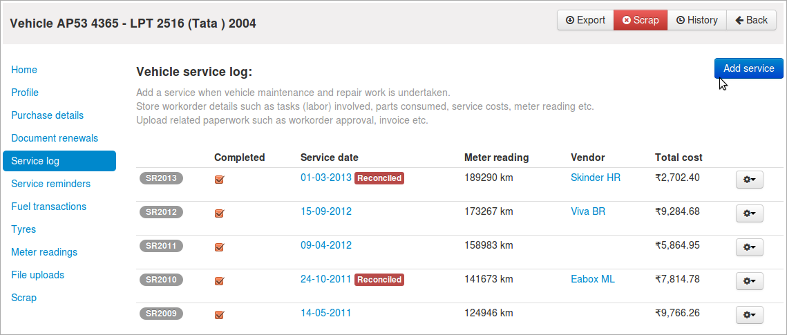 Vehicles-select vehicle-Service log