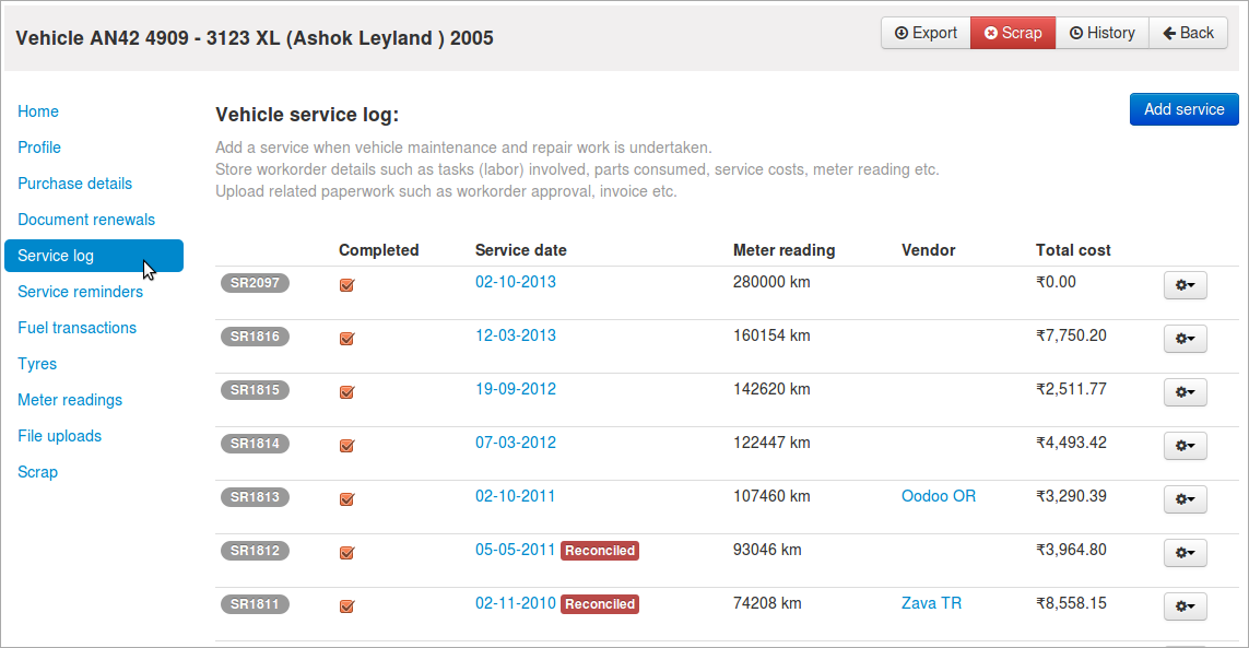 From the right menu, choose Service log